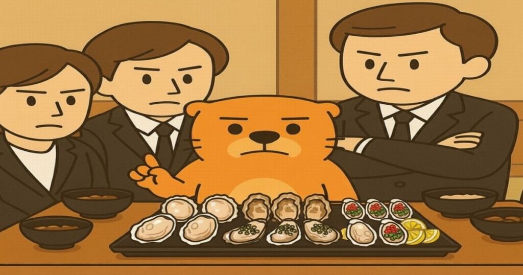 真面目な表情のカワウソがスーツ姿の同僚たちと、生ガキが並んだテーブルを囲んで話し合うイラスト。