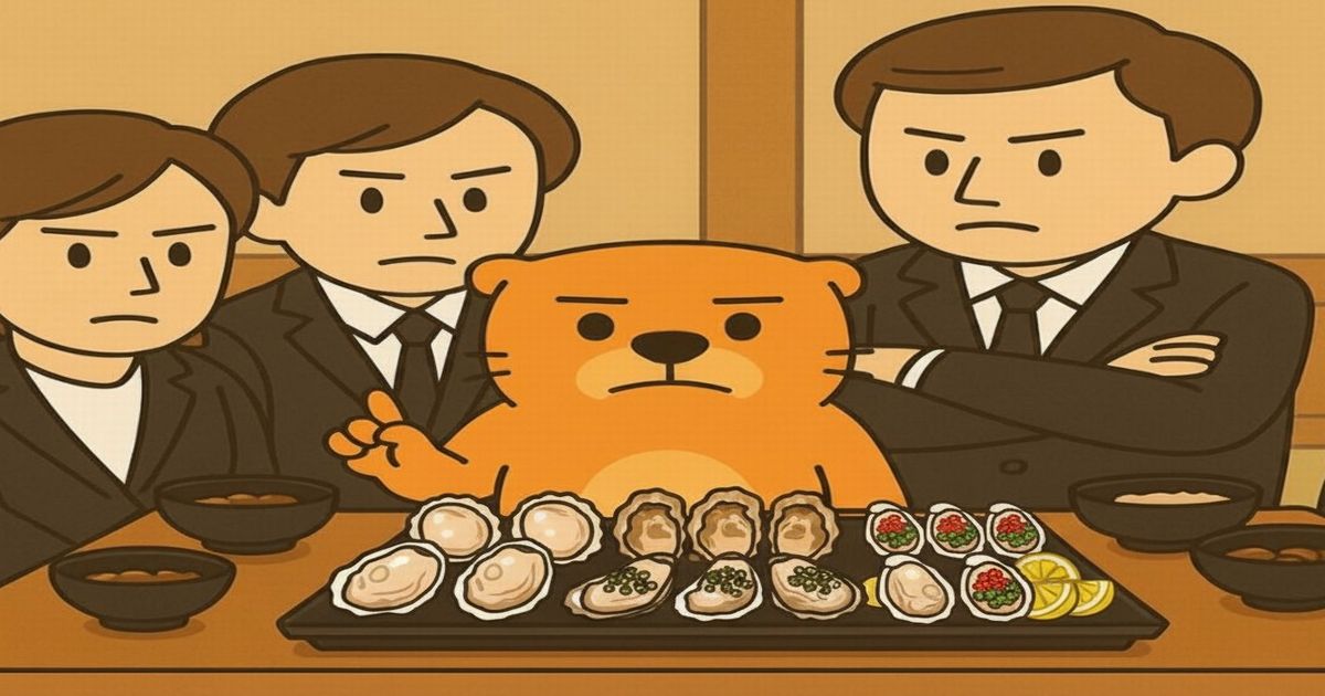 真面目な表情のカワウソがスーツ姿の同僚たちと、生ガキが並んだテーブルを囲んで話し合うイラスト。