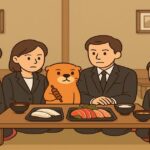 カワウソが会社の同僚に食の安全を講義しているイラスト