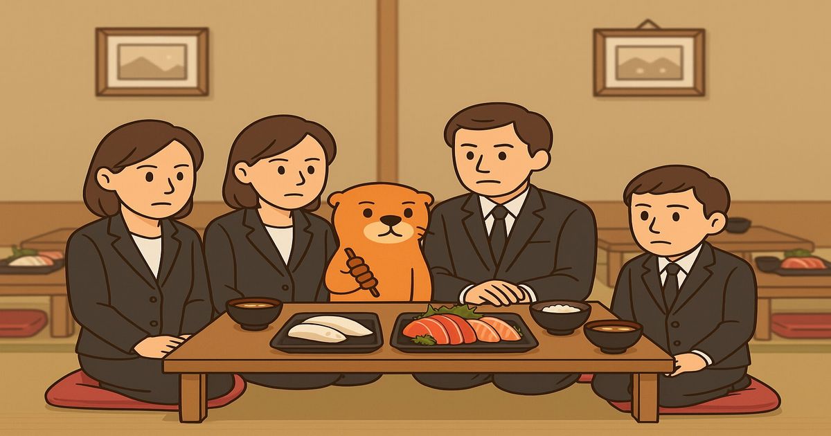 カワウソが会社の同僚に食の安全を講義しているイラスト