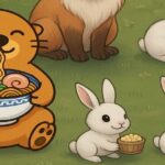 ラーメンを食べるカワウソと、キツネやウサギたちが森で集まっている可愛いイラスト