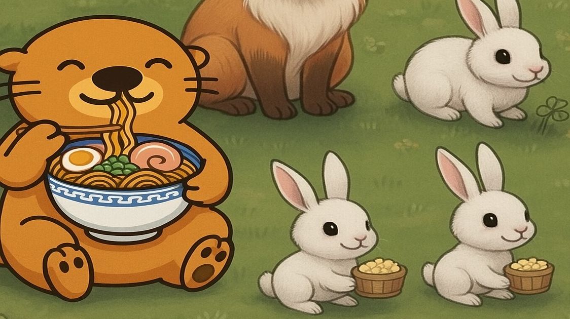 ラーメンを食べるカワウソと、キツネやウサギたちが森で集まっている可愛いイラスト
