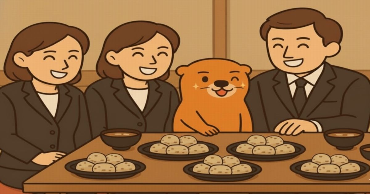 笑顔の家族とカワウソが食卓で団らんする楽しいイラスト