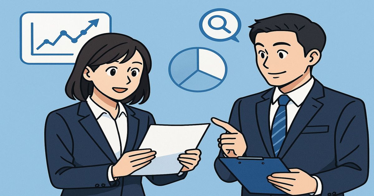 ビジネススーツの男女が書類を確認するイラスト。データ分析や自己PR対策をイメージした就活・転職シーン。