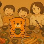 家族団らんの食卓で、湯呑みを持った真面目な表情のカワウソが座るイラスト