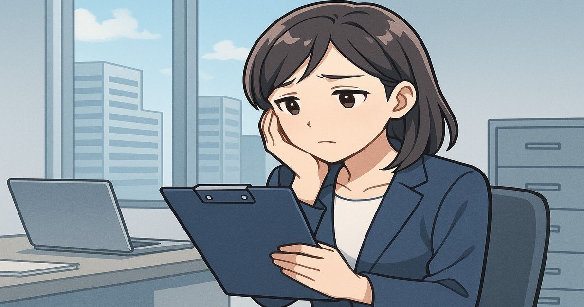 会社を辞めたいと悩む女性がオフィスで書類を見つめるアニメ風イラスト。転職前に確認すべきポイントを考える様子。