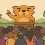 屋外で約100人を前に注意喚起するカワウソのイラスト。演台に立ち、指を上げて安全を呼びかける姿。