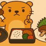 食中毒に注意するカワウソが弁当と焼き鳥とキノコを前に警戒しているイラスト