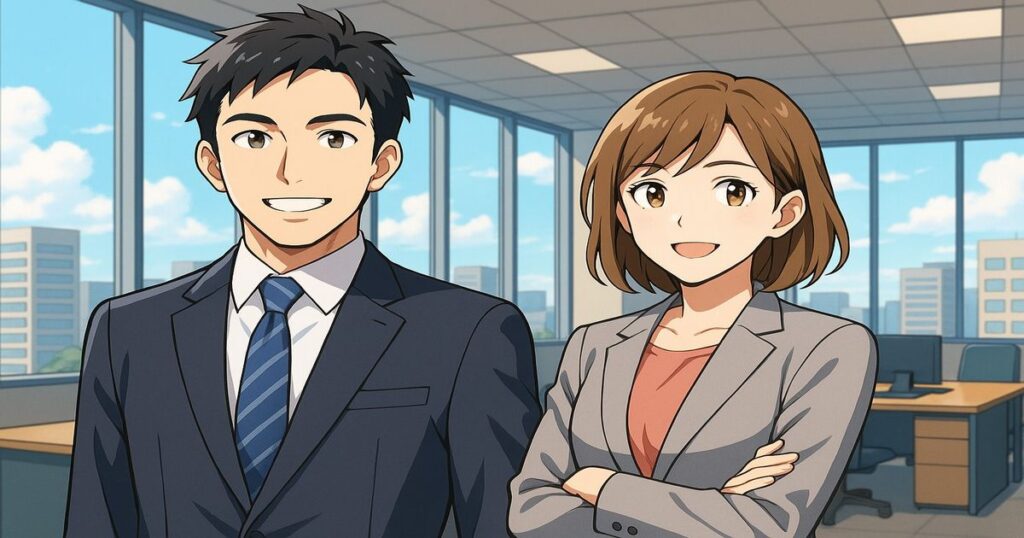 スーツ姿の男女が明るいオフィスで微笑むアニメ風イラスト。35歳の転職に挑む前向きな雰囲気を表現。