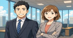スーツ姿の男女が明るいオフィスで微笑むアニメ風イラスト。35歳の転職に挑む前向きな雰囲気を表現。