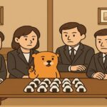 カワウソが同僚に講義し、おにぎり20個が並ぶ会議風イラスト