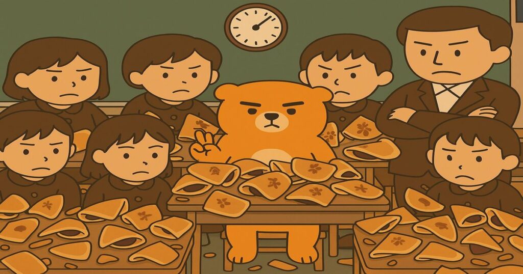 教室でカワウソが大量の木挽町よしや風どら焼きを散らかし、生徒と先生が困惑しているアニメ風イラスト