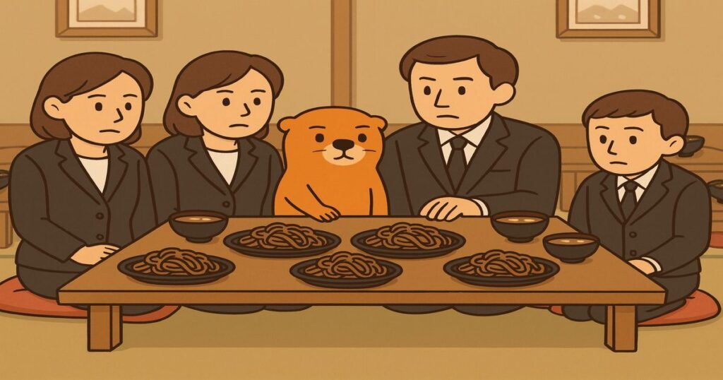 正装した社員とカワウソが座卓を囲み、焼きそばの皿5枚が並ぶアニメ風イラスト