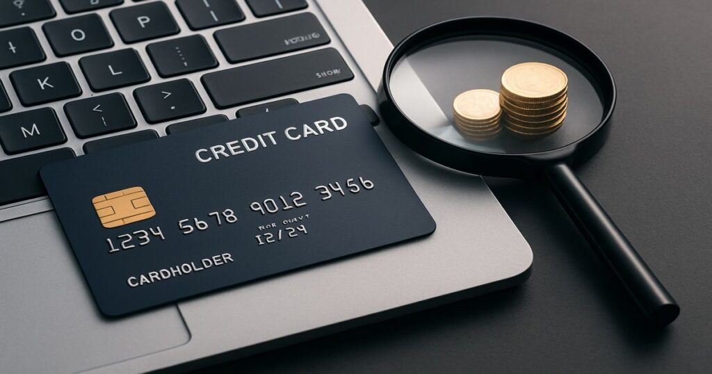 ノートパソコンの上に置かれたクレジットカードと拡大鏡のコインが並ぶ、クレジットカード比較サイト向けのアイキャッチ画像