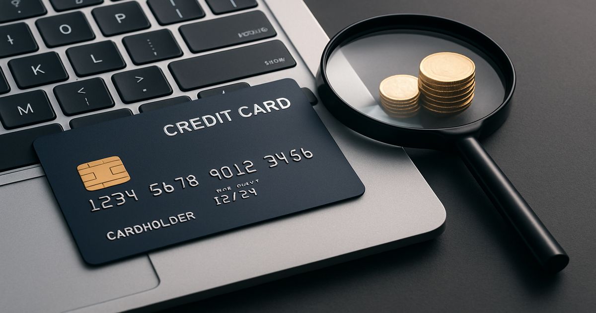 ノートパソコンの上に置かれたクレジットカードと拡大鏡のコインが並ぶ、クレジットカード比較サイト向けのアイキャッチ画像