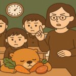 物価高騰で給食食材が減り、生徒と教師が困る中、野菜を抱えて眠るクマの象徴的イラスト