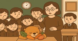 物価高騰で給食食材が減り、生徒と教師が困る中、野菜を抱えて眠るクマの象徴的イラスト