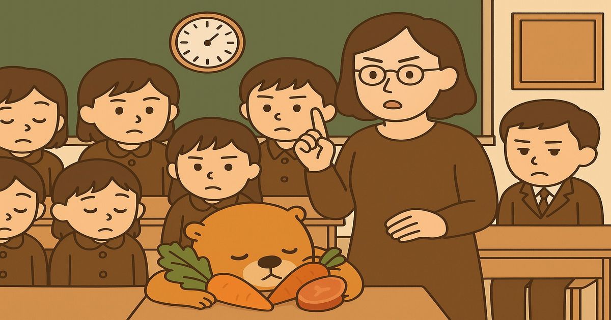 物価高騰で給食食材が減り、生徒と教師が困る中、野菜を抱えて眠るクマの象徴的イラスト