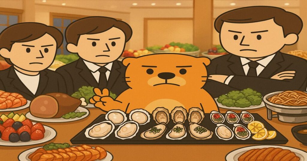 ホテルのバイキング会場で、カワウソが大量の牡蠣料理を前にスーツ姿の男性たちに囲まれているイラスト