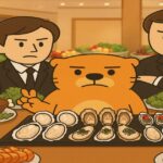 ホテルのバイキング会場で、カワウソが大量の牡蠣料理を前にスーツ姿の男性たちに囲まれているイラスト