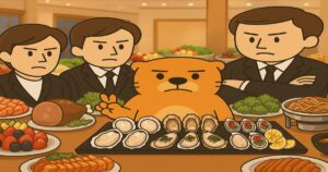 ホテルのバイキング会場で、カワウソが大量の牡蠣料理を前にスーツ姿の男性たちに囲まれているイラスト
