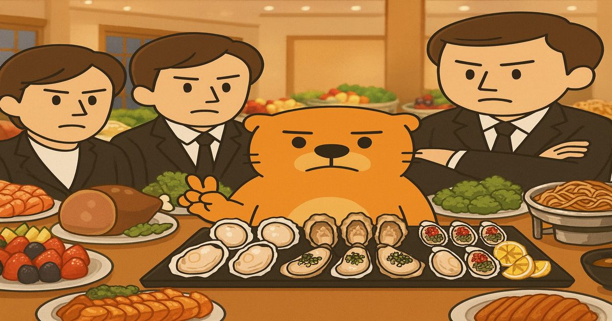 ホテルのバイキング会場で、カワウソが大量の牡蠣料理を前にスーツ姿の男性たちに囲まれているイラスト