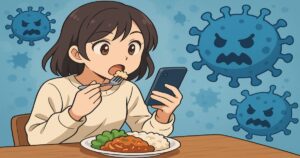 食事中にスマホを操作する女性と周囲に描かれたウイルスイラスト。食べながらスマホを使うことでノロウイルス感染リスクが高まる様子を表現。