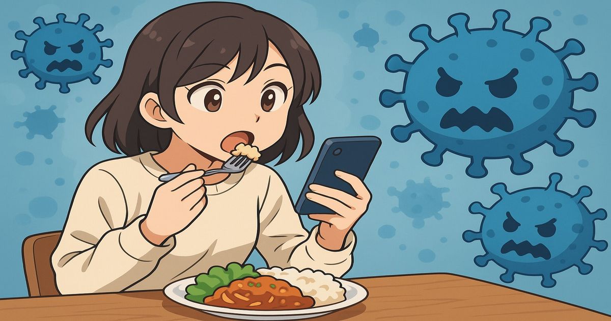 食事中にスマホを操作する女性と周囲に描かれたウイルスイラスト。食べながらスマホを使うことでノロウイルス感染リスクが高まる様子を表現。
