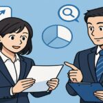 ビジネススーツの男女が書類を確認するイラスト。データ分析や自己PR対策をイメージした就活・転職シーン。
