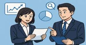 ビジネススーツの男女が書類を確認するイラスト。データ分析や自己PR対策をイメージした就活・転職シーン。