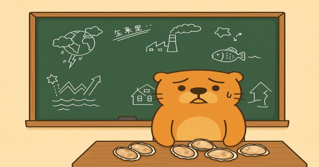 環境問題の黒板を前に、不安そうな表情で牡蠣を並べるカワウソのイラスト