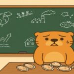 環境問題の黒板を前に、不安そうな表情で牡蠣を並べるカワウソのイラスト