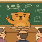 食中毒の危険性を黒板の前で訴えるカワウソと説明を聞く大人たちのイラスト