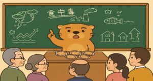 食中毒の危険性を黒板の前で訴えるカワウソと説明を聞く大人たちのイラスト