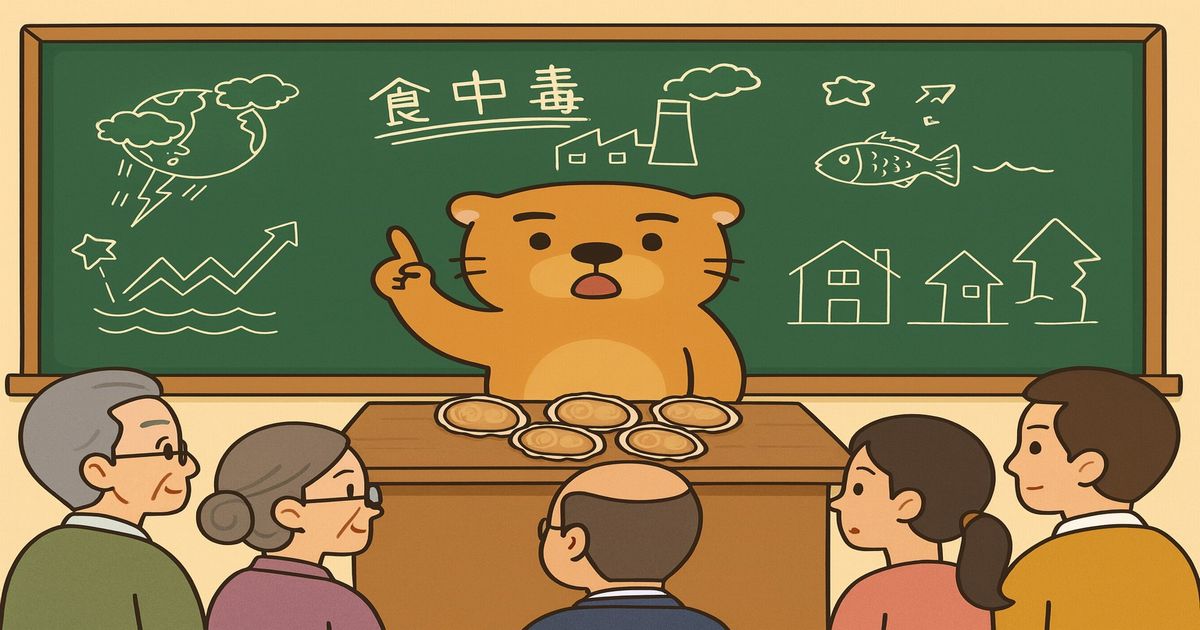 食中毒の危険性を黒板の前で訴えるカワウソと説明を聞く大人たちのイラスト