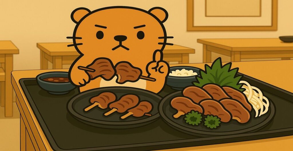 カワウソキャラクターが毒キノコを食べないよう注意を呼びかけるイラスト。串に刺さったキノコ料理を指差して警告している場面。