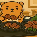 カワウソキャラクターが毒キノコを食べないよう注意を呼びかけるイラスト。串に刺さったキノコ料理を指差して警告している場面。