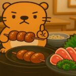 焼き鳥や鶏のたたきをテーマに、カンピロバクター食中毒への注意を呼びかけるアニメ風イラスト。カワウソキャラクターが焼き鳥を持ち、和食店の雰囲気を表現している。