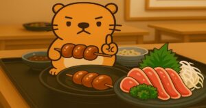 焼き鳥や鶏のたたきをテーマに、カンピロバクター食中毒への注意を呼びかけるアニメ風イラスト。カワウソキャラクターが焼き鳥を持ち、和食店の雰囲気を表現している。