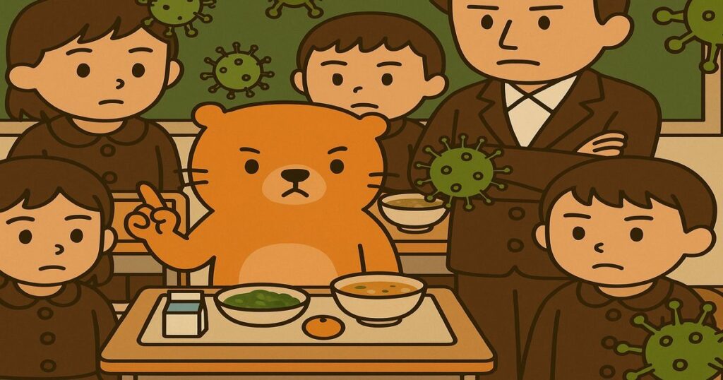 学校の教室で給食中の児童と先生の周囲にウイルスが浮遊している注意喚起イラスト