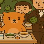 学校の教室で給食中の児童と先生の周囲にウイルスが浮遊している注意喚起イラスト