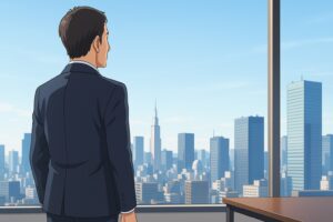 高層オフィスで街を見下ろしながら未来を見据える40代ビジネスマンの後ろ姿。転職やキャリアアップをイメージしたアニメ風イラスト。