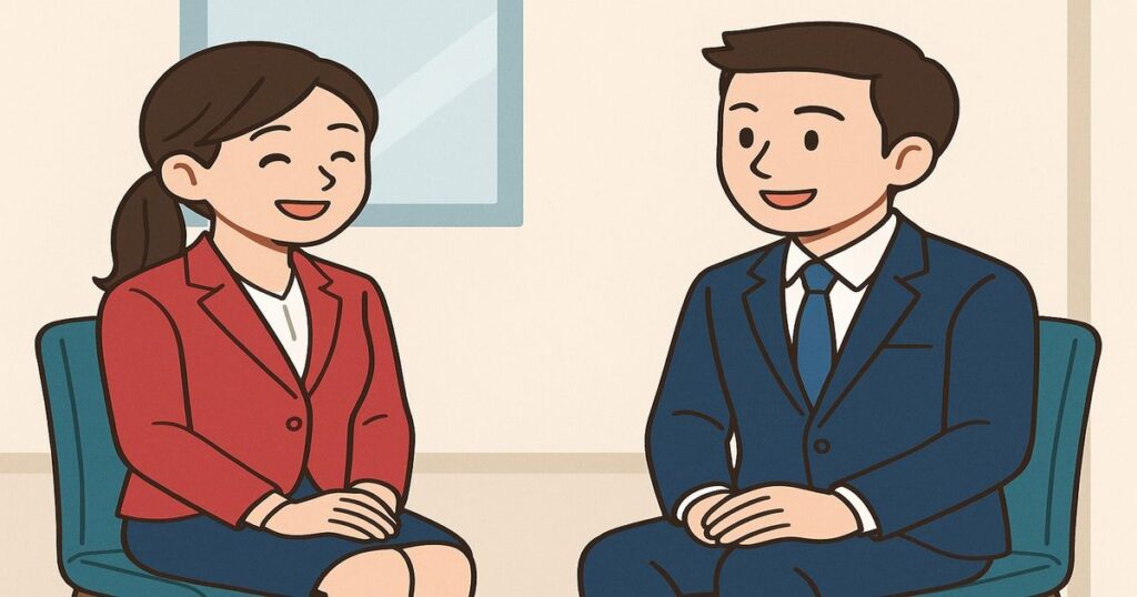 面接で好印象を与える候補者が椅子に座って笑顔で受け答えする様子。落ち着いた姿勢と丁寧な態度で面接マナーを守るビジネススーツ姿の男女。