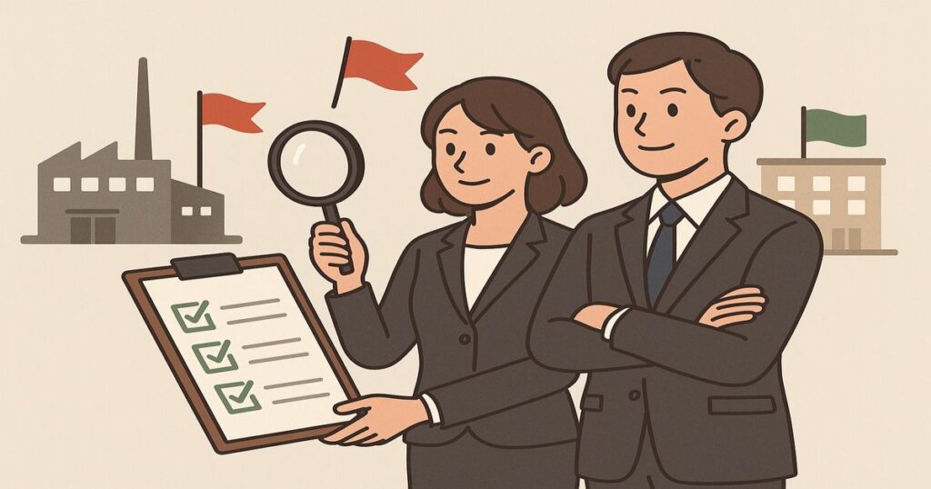 ブラック企業を避けるためにチェックリストと企業を比較するスーツ姿の男女。赤い警告旗のある会社と緑の安全な会社を見極めているイラスト。
