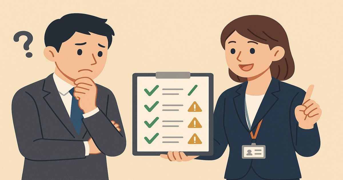転職エージェントがチェックリストを見せながら求職者に説明しているビジネスイラスト。メリットと注意点を相談する様子。