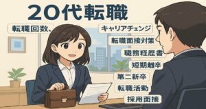 20代女性がスーツ姿で面接に臨むアニメ風イラスト。転職回数、キャリアチェンジ、面接対策など20代の転職キーワードを背景に配置。