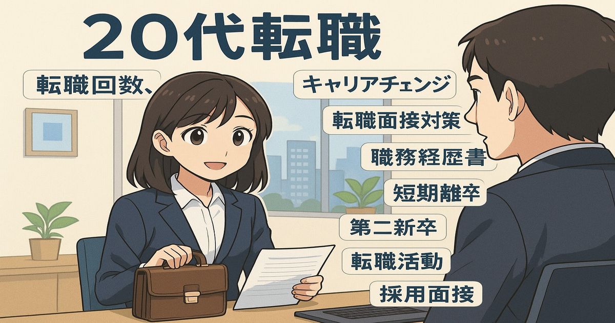 20代女性がスーツ姿で面接に臨むアニメ風イラスト。転職回数、キャリアチェンジ、面接対策など20代の転職キーワードを背景に配置。