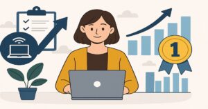 リモートワーク求人が増加し、パソコンで働く女性と成長グラフ、ランキングメダルを描いたイラスト