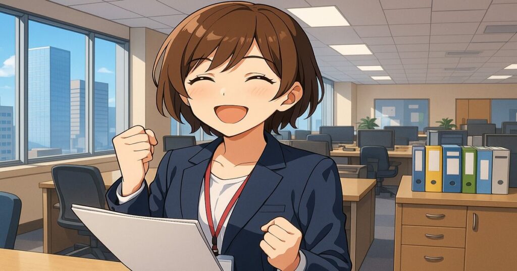 転職に成功し喜ぶ女性。オフィスで書類を手に笑顔を見せるアニメ風イラスト。キャリアアップや転職成功のイメージ。