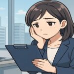 会社を辞めたいと悩む女性がオフィスで書類を見つめるアニメ風イラスト。転職前に確認すべきポイントを考える様子。